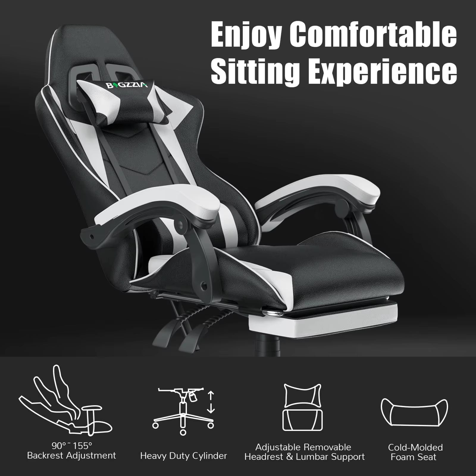 Ergonomic Gaming Chair with Footrest, Lumbar Cushion, Headrest, Height Adjustable 