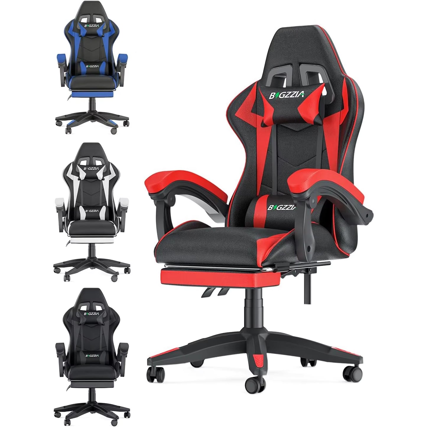 Ergonomic Gaming Chair with Footrest, Lumbar Cushion, Headrest, Height Adjustable 