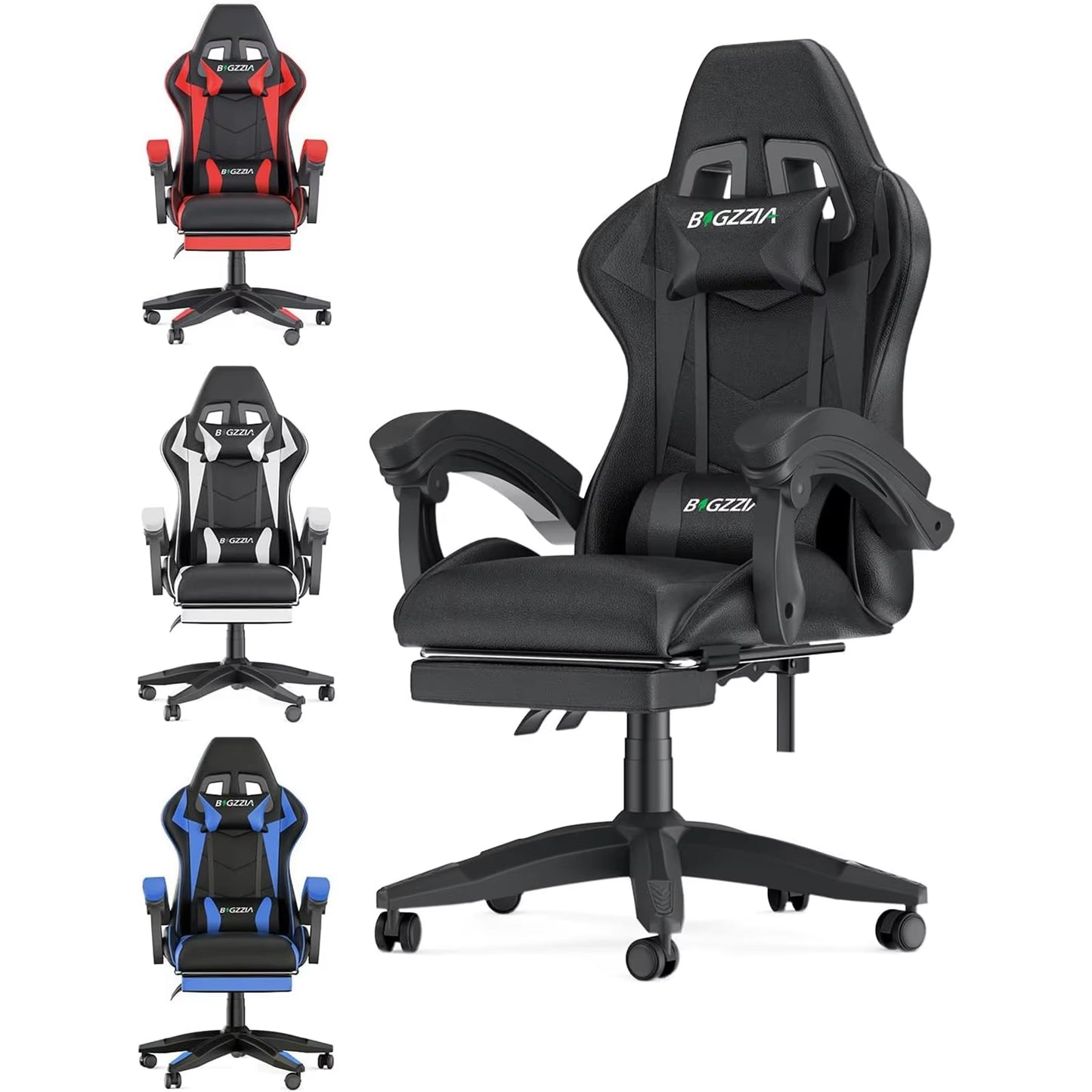 Ergonomic Gaming Chair with Footrest, Lumbar Cushion, Headrest, Height Adjustable 