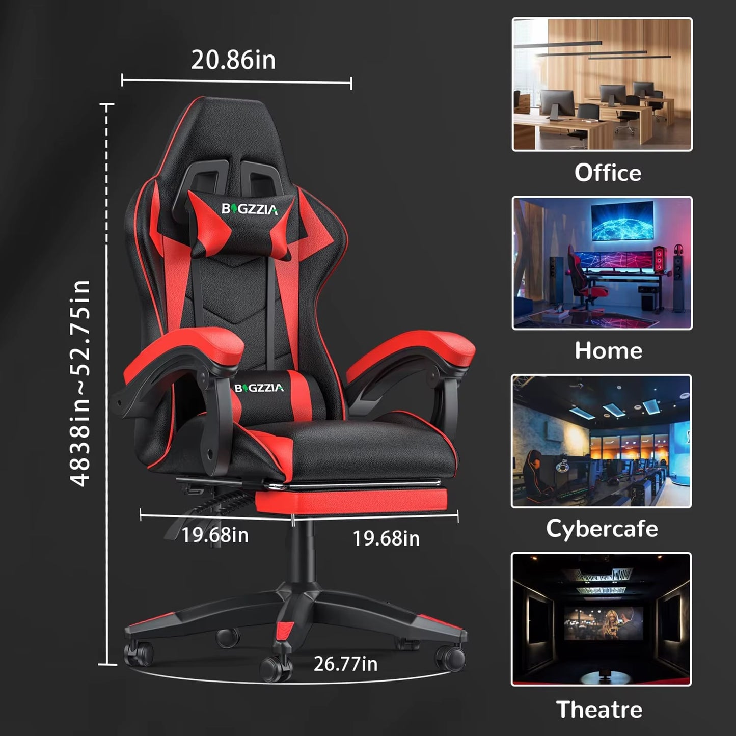 Ergonomic Gaming Chair with Footrest, Lumbar Cushion, Headrest, Height Adjustable 